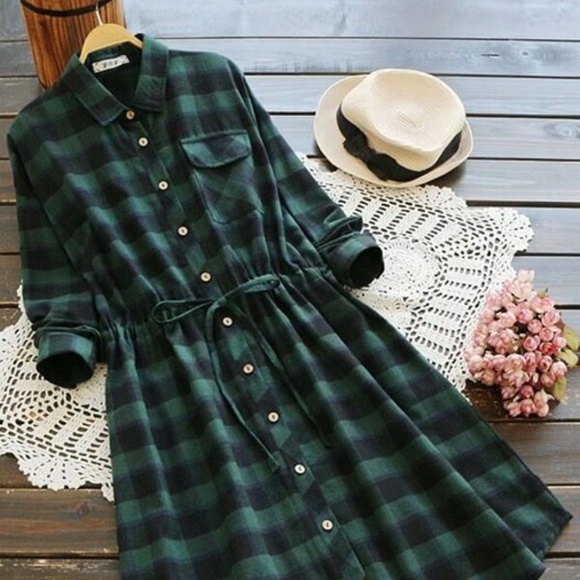 Dresses | Button Through Drawstring Waist Plaid Shirt Dress | Poshmark